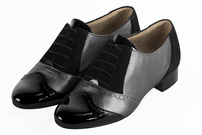 Gloss black and dark silver women's fashion lace-up shoes. Round toe. Flat leather soles. Front view - Florence KOOIJMAN